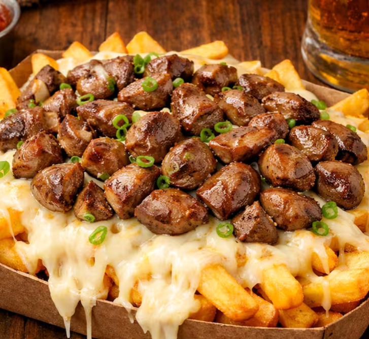 Batata frita com queijo mussarela e coração